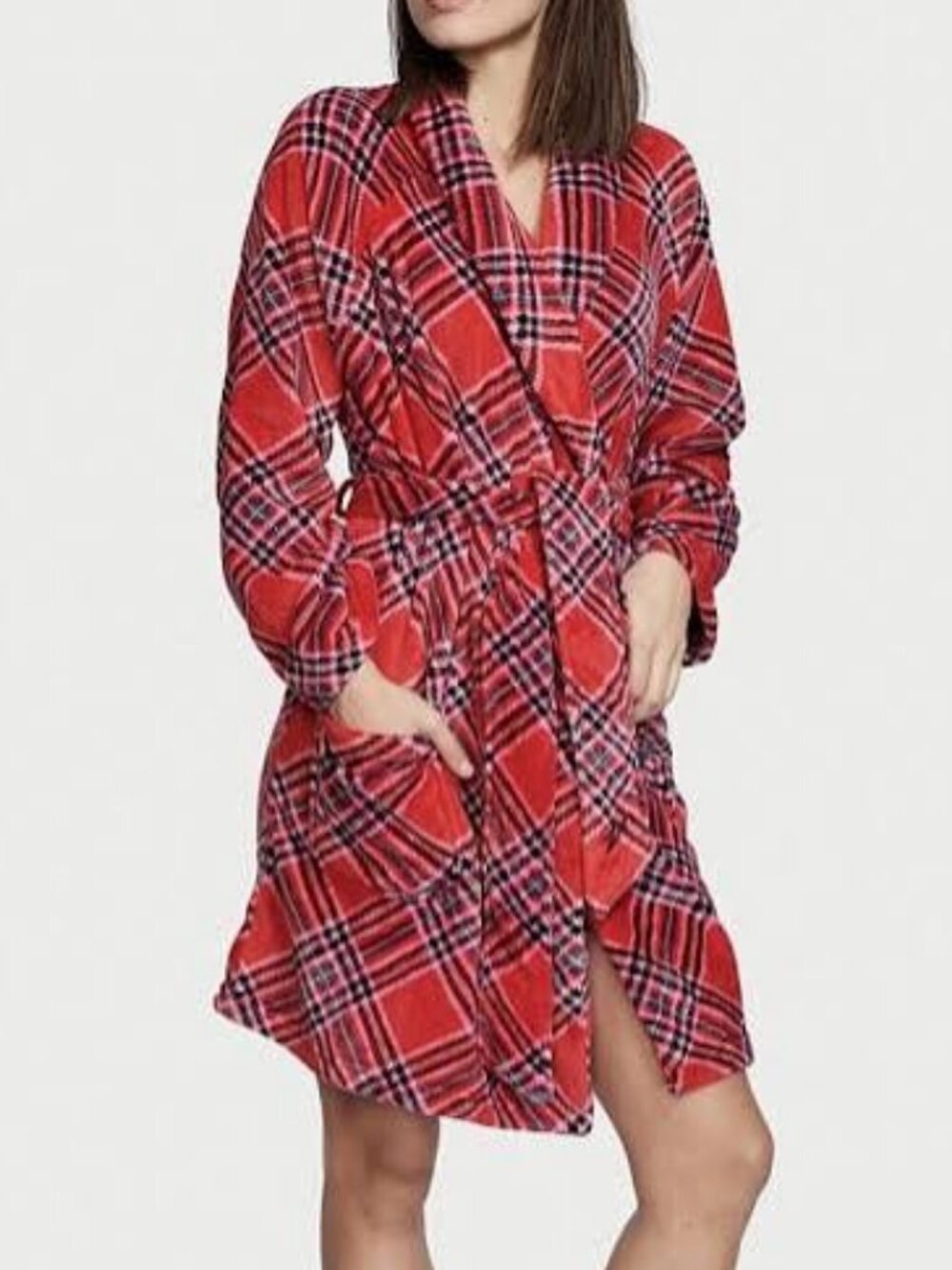 Victoria’s Secret Women's Short Cozy Plush Robe Lipstick Plaid - Size M/L